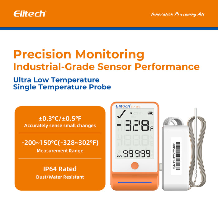 Elitech GSP-6Pro-TLE Bluetooth Ultra-low Temperature Data Logger (-200~150°C / -328~302°F), 100,000 Data Points, DDL Calibration Certificate to Audit, MAX MIN Refrigerator Fridge