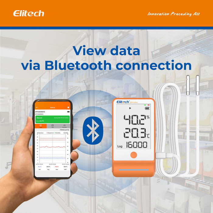 Elitech GSP-6Pro TE&THE Bluetooth Temperature and Humidity Data Logger Recorder with Calibration Certificate, 100000 Points, Shadow Data