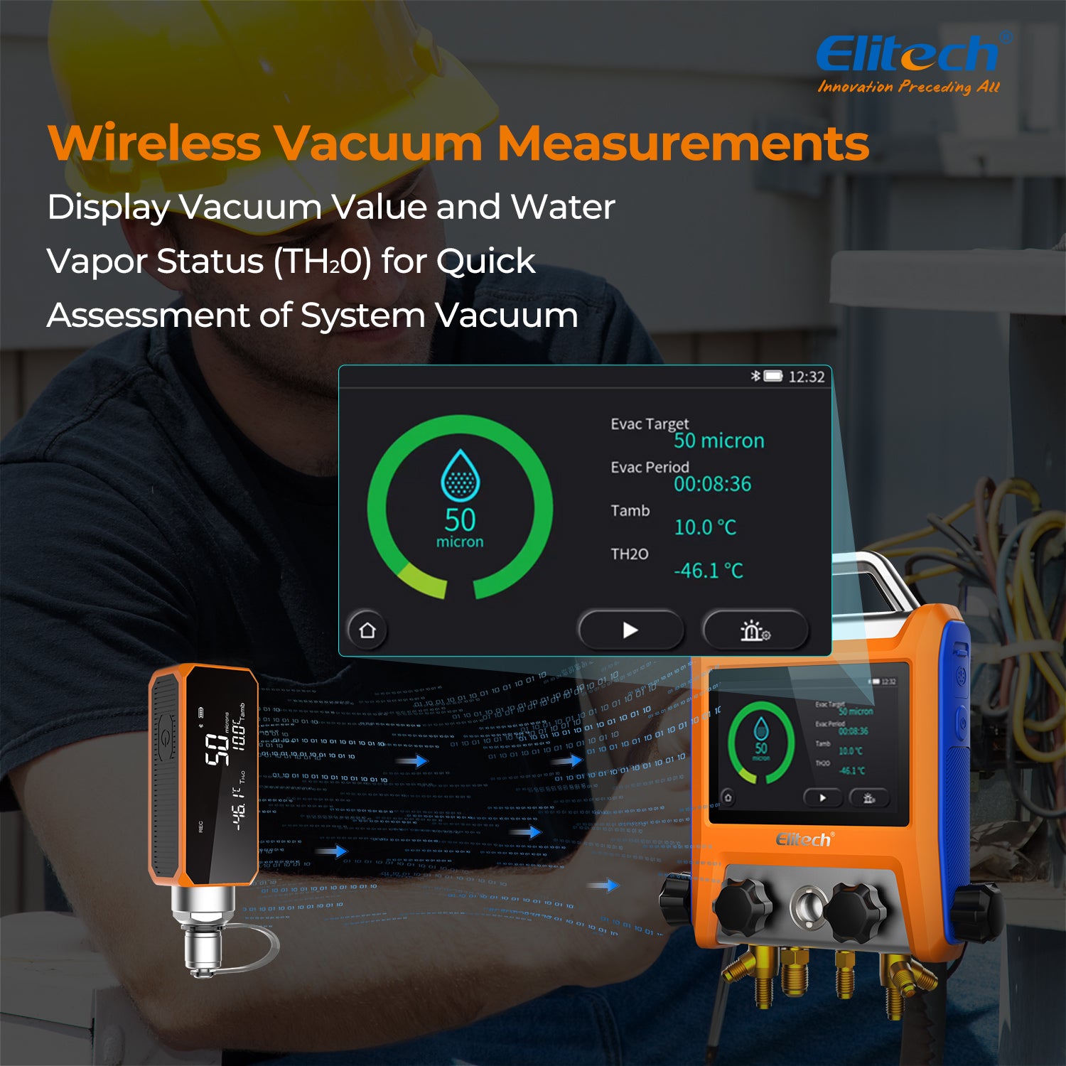 Elitech EMG-40VPro Digital 4 Valve Manifold Gauge HVAC with Refrigerant Hoses, Vacuum Gauge Micron Gauge, Temperature Clamps, OTA Upgrade, Wireless APP Control