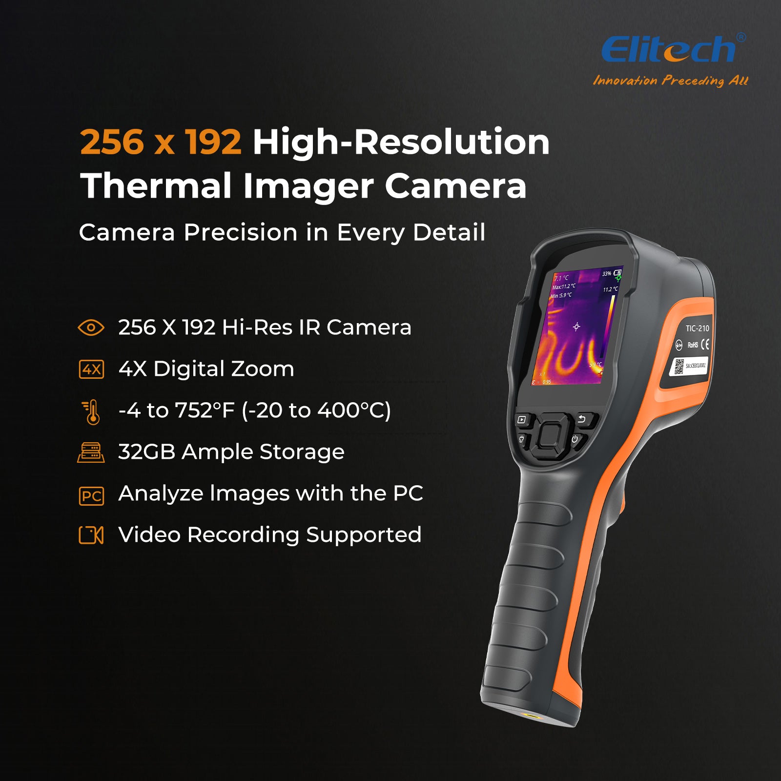 Elitech TIC-210 Handheld Thermal Imaging Camera – Infrared Thermal Imager with 256×192 IR Resolution, Real-Time Video Recording, Emissivity & Temp Alarm Settings, for HVAC, Electrical, Building Inspection