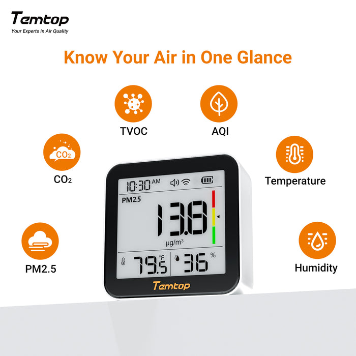<tc>Moniteur de qualité de l'air Temtop M10+ WIFI, détecteur de CO2 rechargeable avec PM2.5, TVOC, AQI, température et humidité, appareil de mesure de la pollution intérieure 6 en 1 avec application, exportation des données et écran E-ink.</tc>