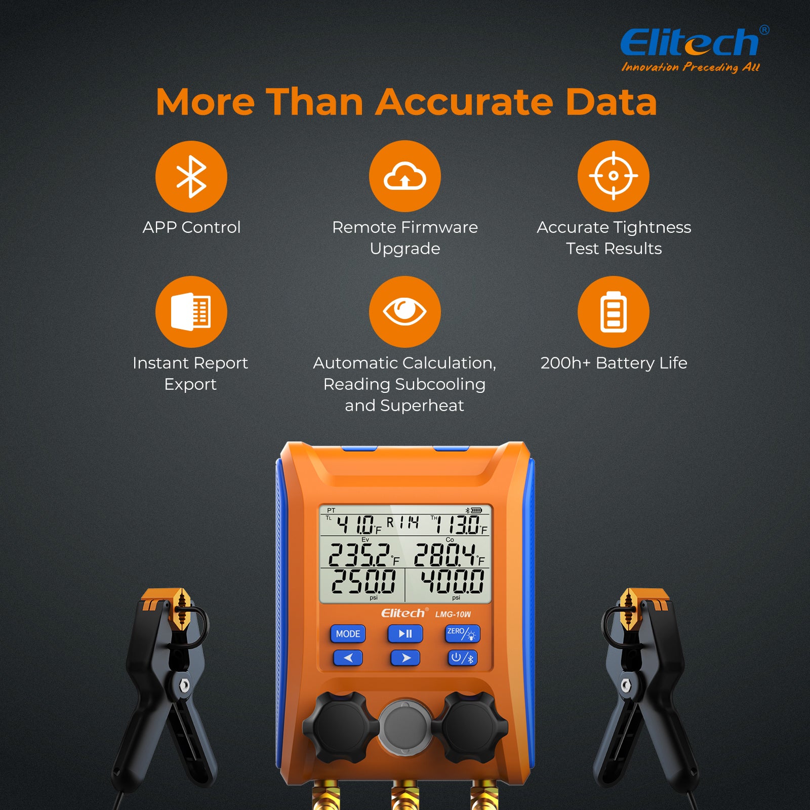 Elitech LMG-10W Refrigeration Heat Pump Digital Manifold Gauge Set 2-Way Valve AC Gauges App Control with Temperature Clamps