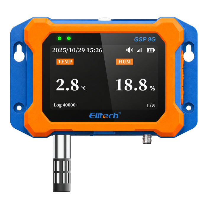 Elitech GSP-9G 4G Cellular Temperature Humidity Monitor, No WiFi Required, Power Failure Alarm, ±0.9°F Accuracy, IP65 Waterproof, 4.1" Color Curve Display, App, Email & SMS Alerts, External Probe