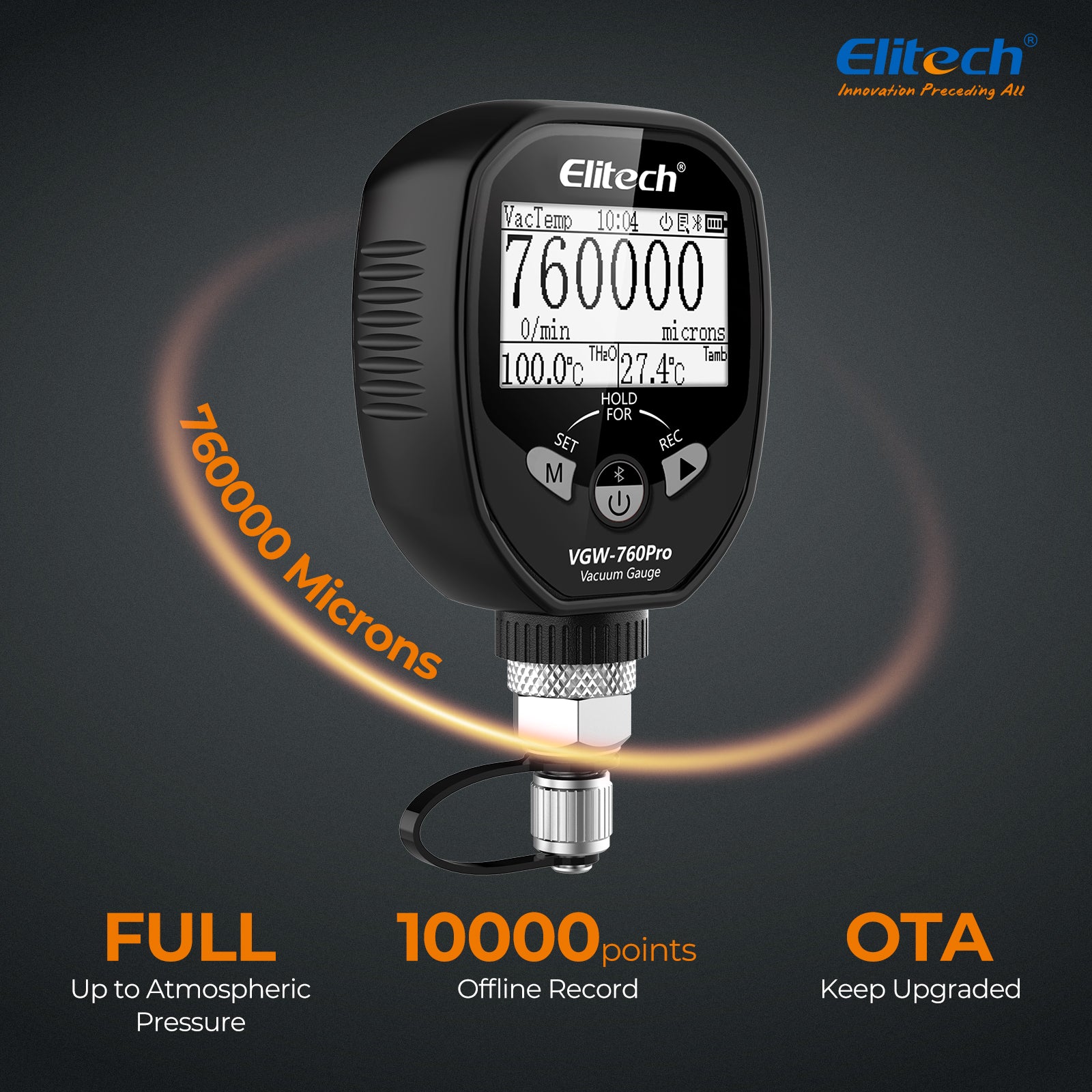 Elitech VGW-760Pro Full-Range Micron Gauge, Wireless Digital Vacuum Gauge with Adaptor Pressure Tester Meter HVAC, Alarms via APP, Offline Recording, 1/4