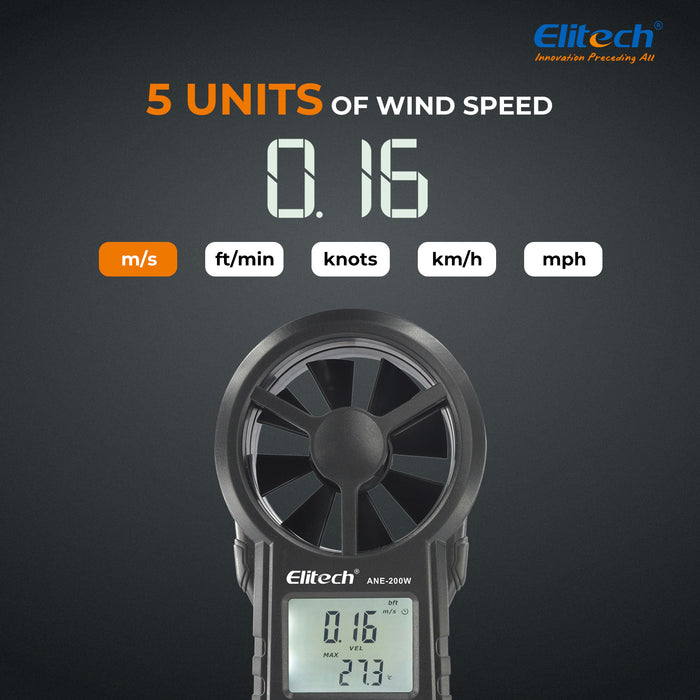 Elitech ANE-200W Anemómetro Bluetooth, medidor de velocidad del viento digital con temperatura y exportación de datos USB, medición del flujo de aire CFM/CMM, para pruebas de HVAC y ambiental