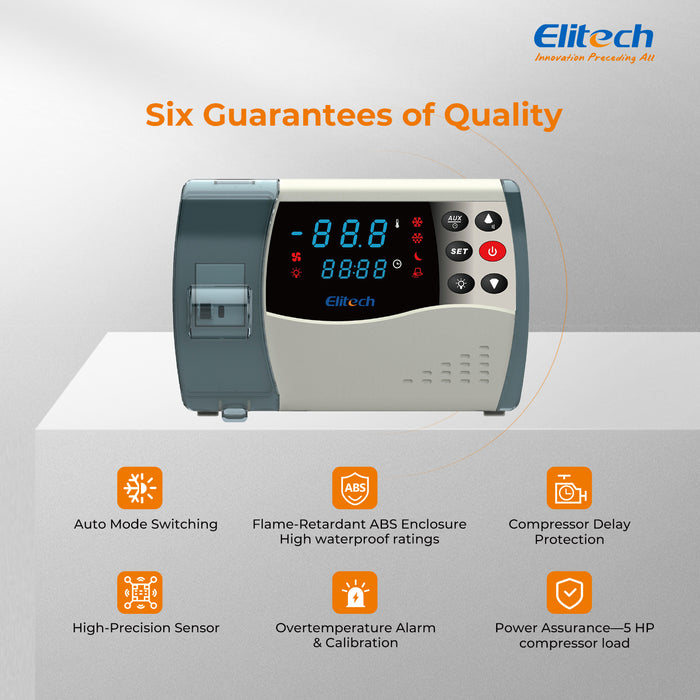 Panel de control eléctrico Elitech ECB-1000Plus Cloud Plastic con refrigeración 3HP, descongelación, ventilador, salida de luz y alarma, 100-256VAC, red WiFi+4G, con sensor de temperatura, sensor de descongelación del evaporador, entradas de señal digital