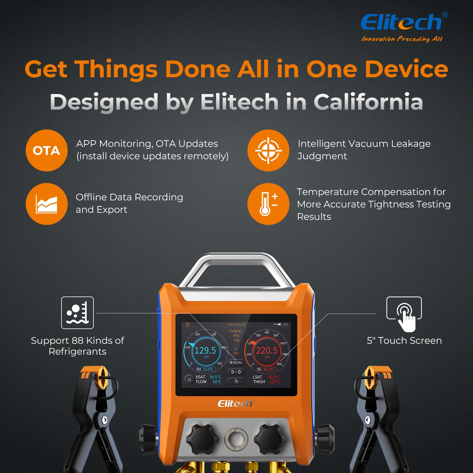 Elitech EMG-40VPro Digital 4 Valve Manifold Gauge HVAC with Refrigerant Hoses, Vacuum Gauge Micron Gauge, Temperature Clamps, OTA Upgrade, Wireless APP Control