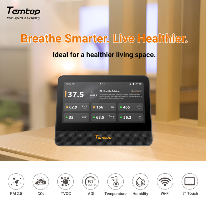 Monitor de calidad del aire WiFi Tempop M100 (2.ª generación) 7" Pantalla táctil para interiores: CO2, PM2.5, PM10, COVT, temperatura & Detector de humedad, analizador de aire inteligente para varias habitaciones con expansión LoRa