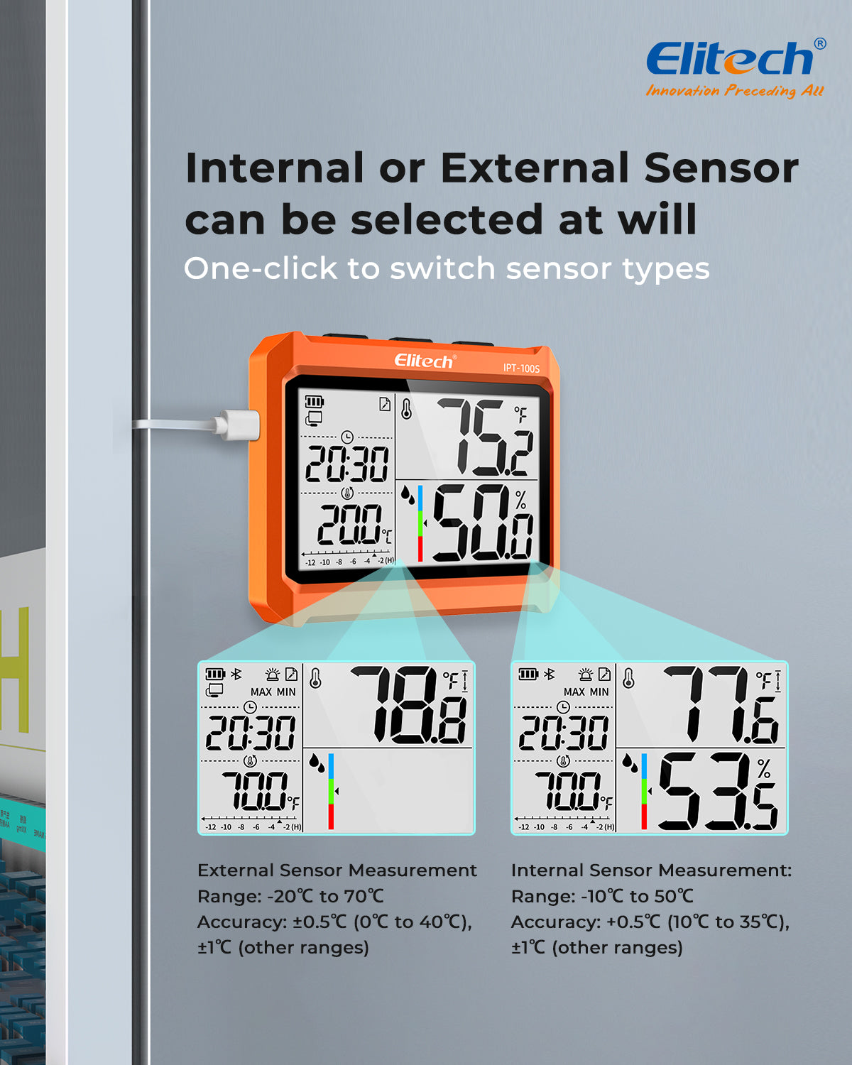 Elitech IPT-100S Digital Thermometer Hygrometer, Refrigerator Thermometer with External Temperature Probe, Free Data Storage Export, 5000 Points