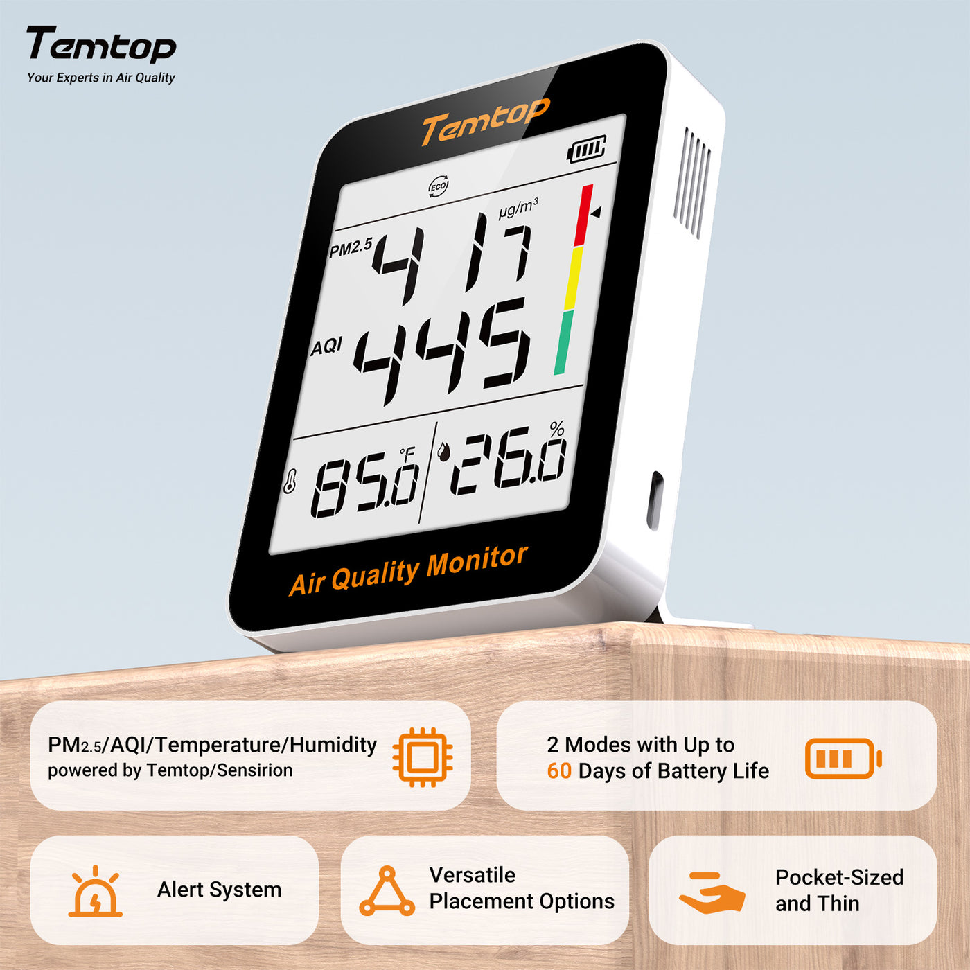 Temtop S1-up Indoor Air Quality Meter Temperature and Humidity AQI PM2 ...