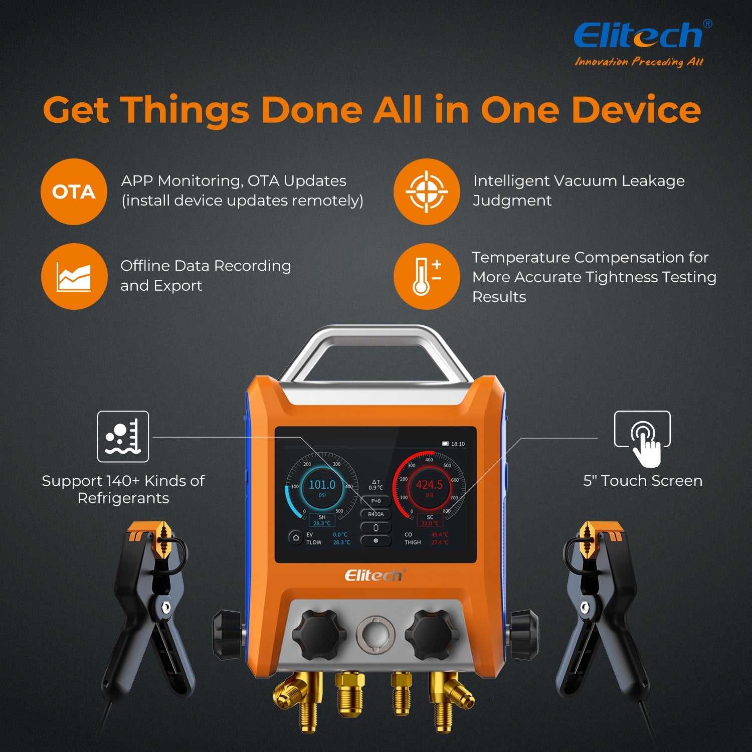 Elitech EMG-40V Intelligent 4 Valves Digital Refrigeration Heat Pump Manifold with 5” Smart Touch Screen