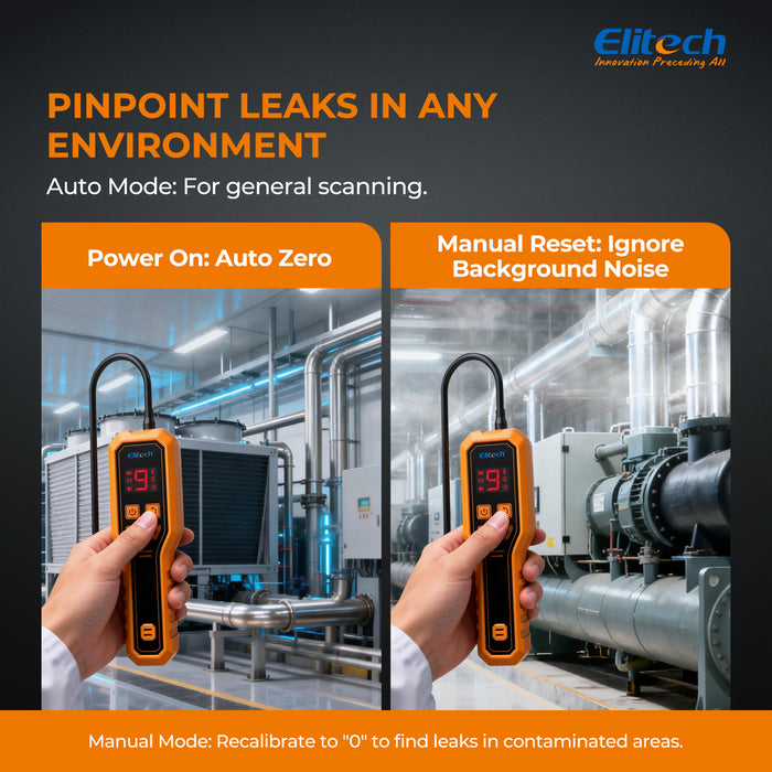 Detector de fugas de refrigerante con diodo calefactado Elitech ELD-270, analizador de freón para sistemas HVAC con pantalla digital. &  Alarma por vibración de alta sensibilidad (2 g/año) para R410A, R134a, R1234yf, R290, CFC, HCFC y HFC.
