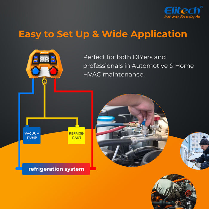 Elitech DMG-2SE-R134a-kit Digital AC Manifold Gauge Set, Automotive HVAC Vacuum Pressure Tester for Car Air Conditioning Repair, Supports R134a R1234yf R410A, 88 Refrigerants, Impact-Resistant Gauge with 2-Way Valve