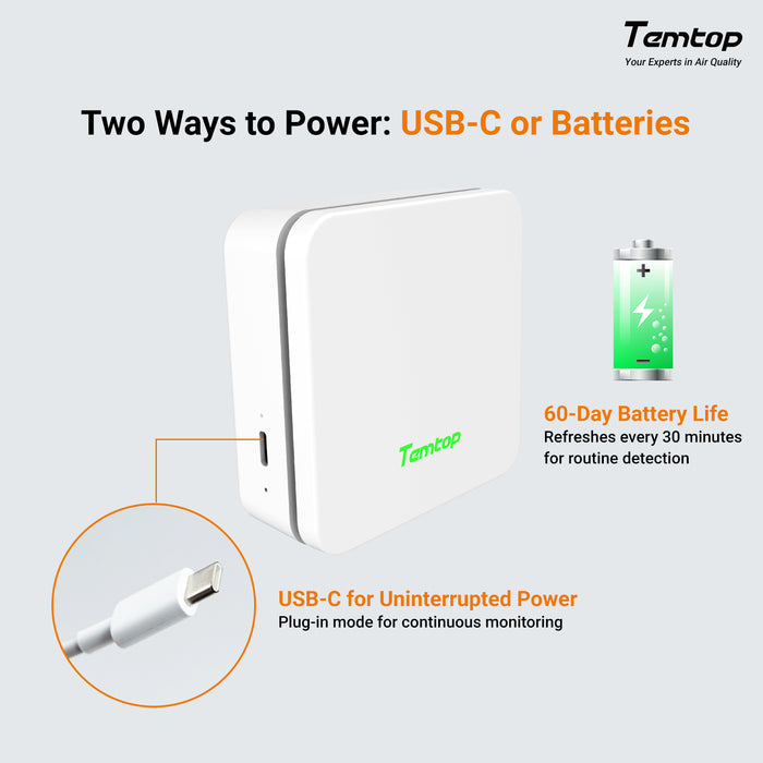 Temtop P2 Air Quality Monitor, PM2.5, PM10, CO₂, Detector de temperatura y humedad para el hogar/oficina | PM2.5 preciso, CO₂, AQI Lecturas Aplicación Bluetooth