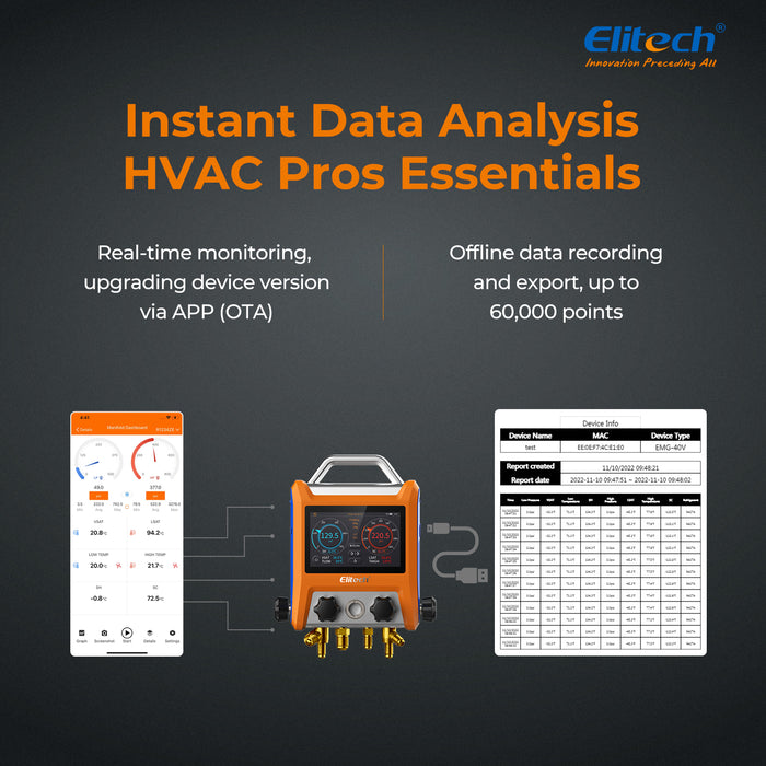 Elitech EMG-40VPRO Digital 4 Válvulas HVAC con mangueras de refrigerante, medidor de micrones de calibrador de vacío, abrazaderas de temperatura, actualización de OTA, control de aplicación inalámbrica