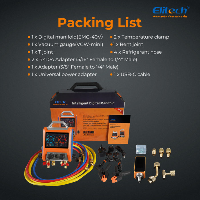 Elitech EMG-40VPRO Digital 4 Válvulas HVAC con mangueras de refrigerante, medidor de micrones de calibrador de vacío, abrazaderas de temperatura, actualización de OTA, control de aplicación inalámbrica