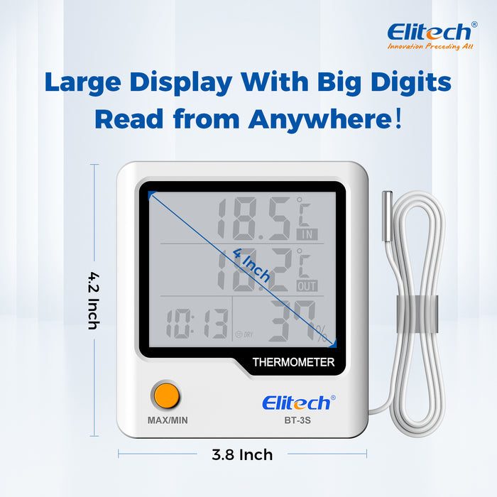 Elitech BT-3S Dual Channel Temperature Data Logger ±0.9℉ Accuracy, 4" Large LCD Display, Refrigerator Thermometer with External Probe for Liquid, Max/Min Recording, Wall Mount & Stand for Food Fridge Kitchen Lab