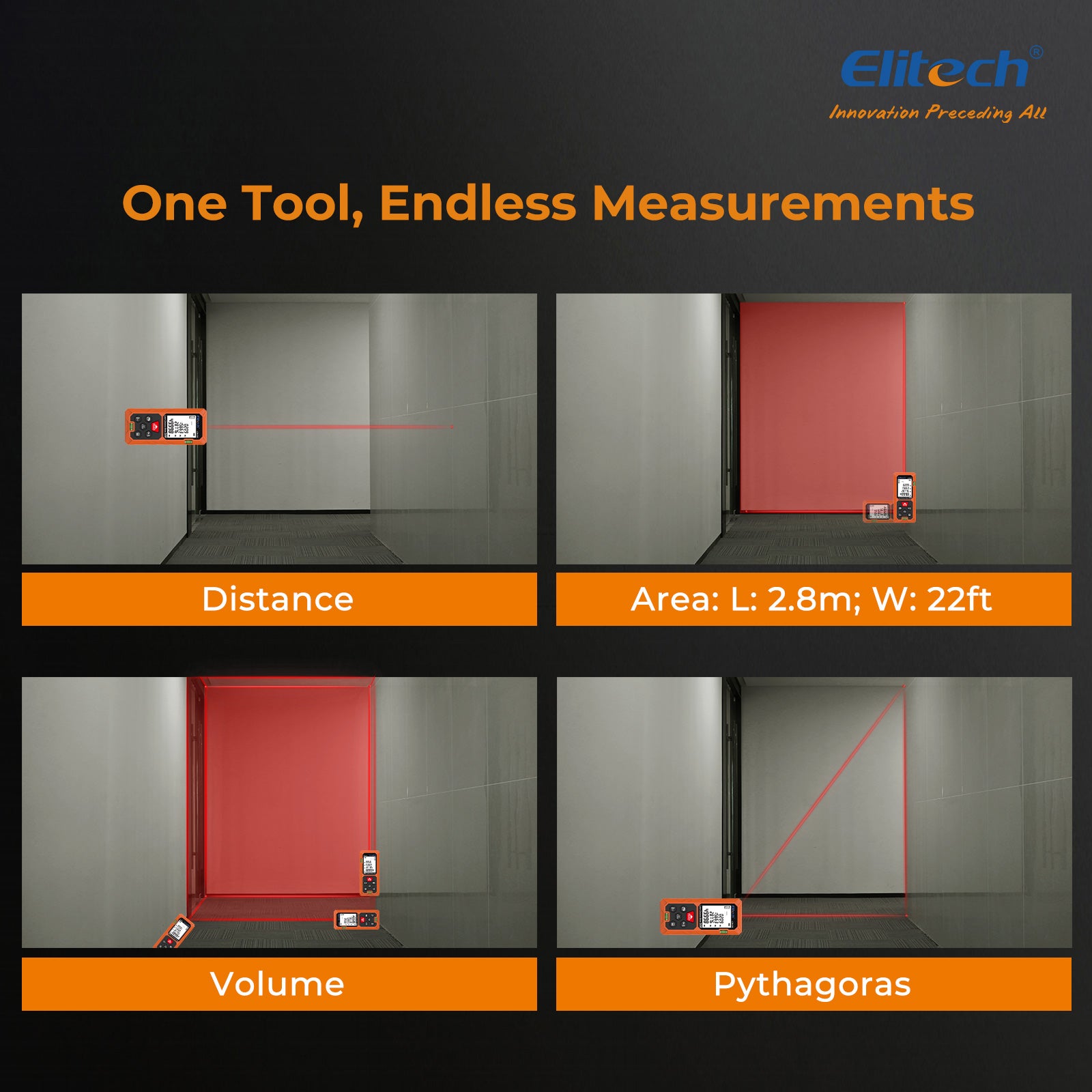 Elitech LDM-50D Laser Distance Meter 165ft, Digital Measure Tool with Area/Volume/Pythagoras Mode, Backlit LCD, 99 Data Records, ±2mm Accuracy, Ft/In/M Unit Switch, Ideal for Home DIY & Interior Design