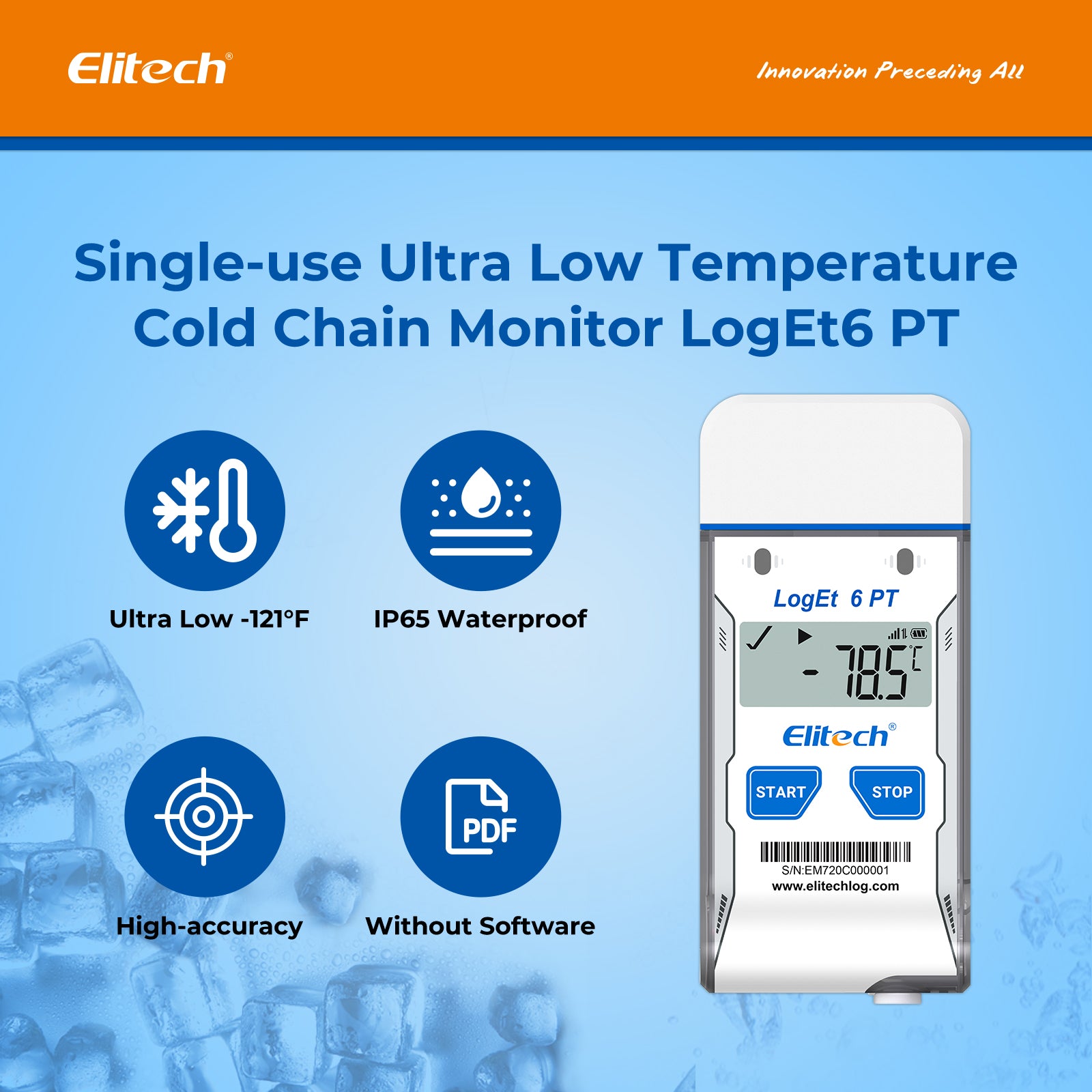Elitech LogEt 6 PT Dry Ice Single-use USB Temperature Data Logger -85℃~50℃, 30 Days(Logging interval 5 min), 16000 Points, Shadow Data, PDF Report