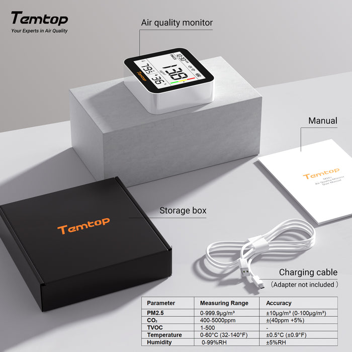 <tc>Moniteur de qualité de l'air Temtop M10+ WIFI, détecteur de CO2 rechargeable avec PM2.5, TVOC, AQI, température et humidité, appareil de mesure de la pollution intérieure 6 en 1 avec application, exportation des données et écran E-ink.</tc>