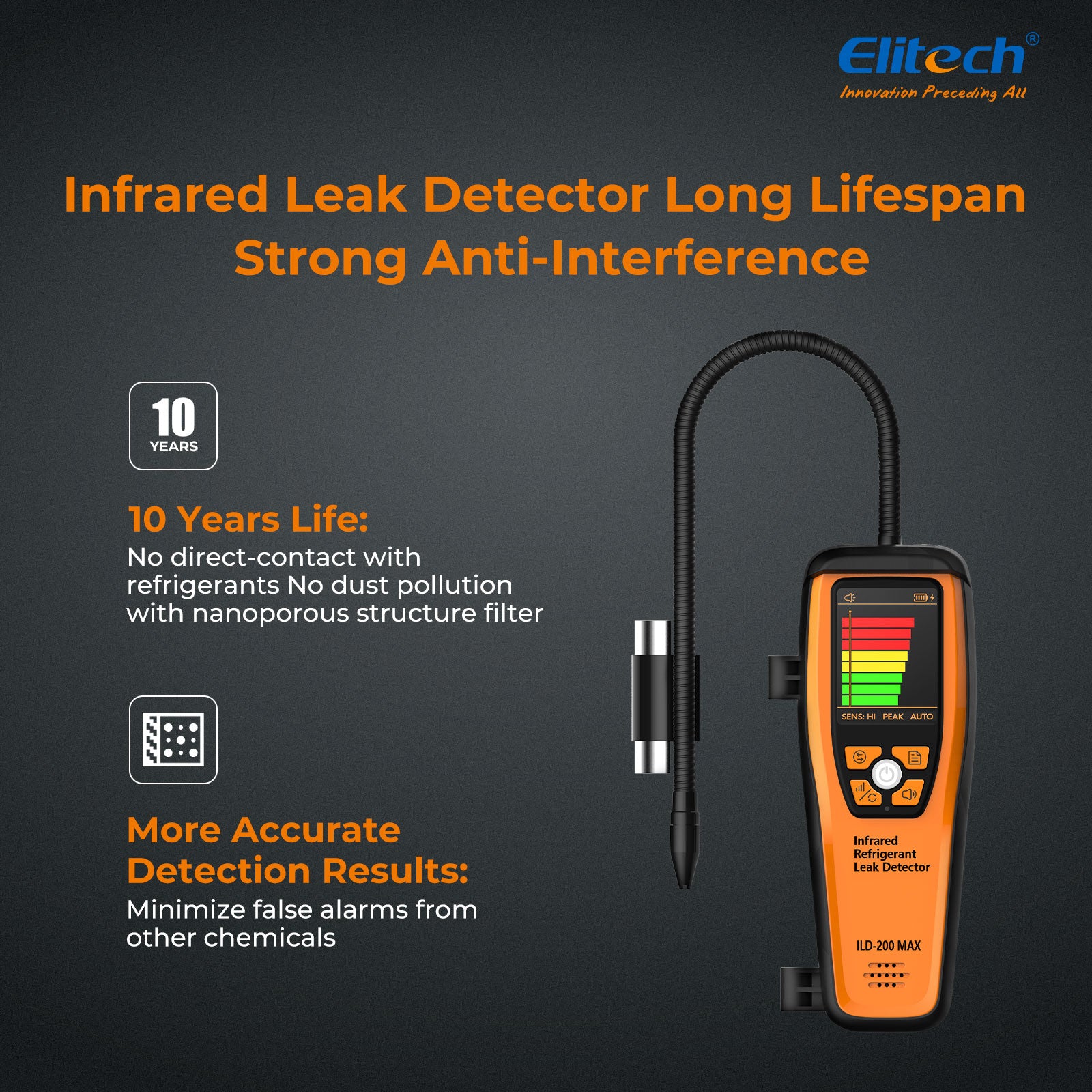 Elitech  ILD-200 MAX Infrared Refrigerant Leak Detector High-Precision HVAC/R Leak Detection, 10-Year Sensor Lifetime, 1g/a Ultra-Low Detection, 4 Sensitivity Levels, Rechargeable Battery, TFT Display & Sound Alarm