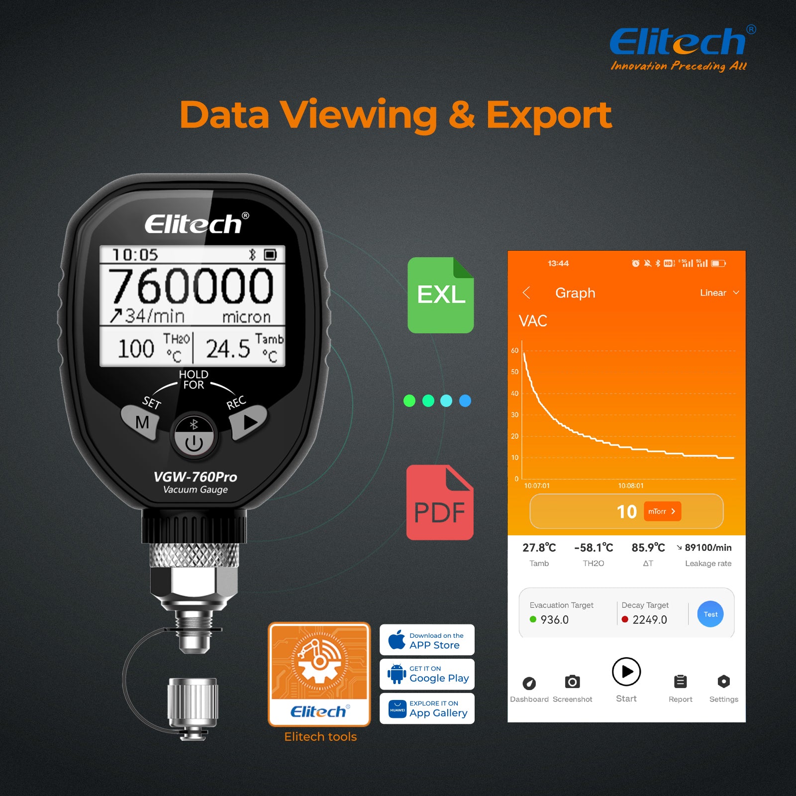 Elitech VGW-760Pro Full-Range Micron Gauge, Wireless Digital Vacuum Gauge with Adaptor Pressure Tester Meter HVAC, Alarms via APP, Offline Recording, 1/4