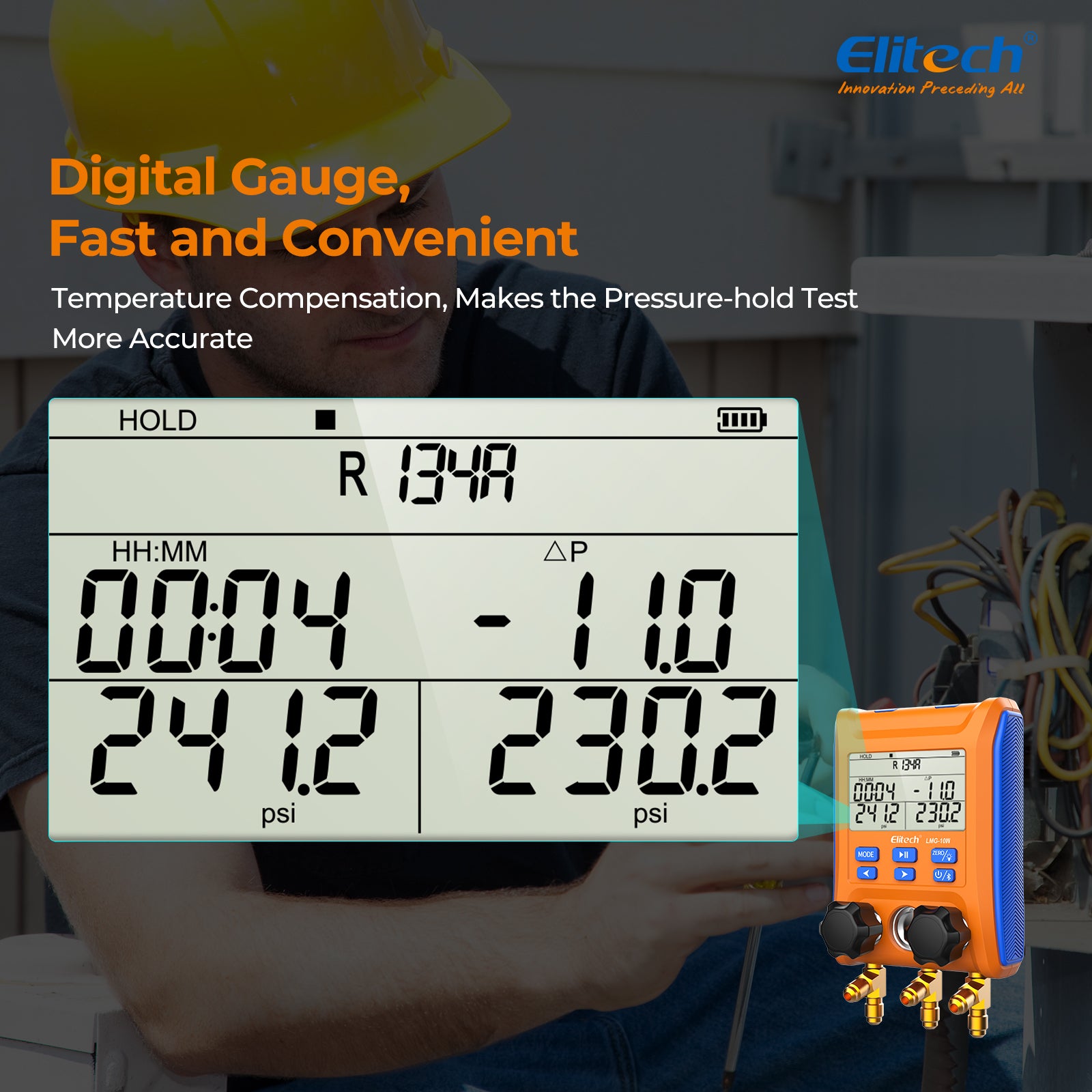 Elitech LMG-10W Refrigeration Heat Pump Digital Manifold Gauge Set 2-Way Valve AC Gauges App Control with Temperature Clamps