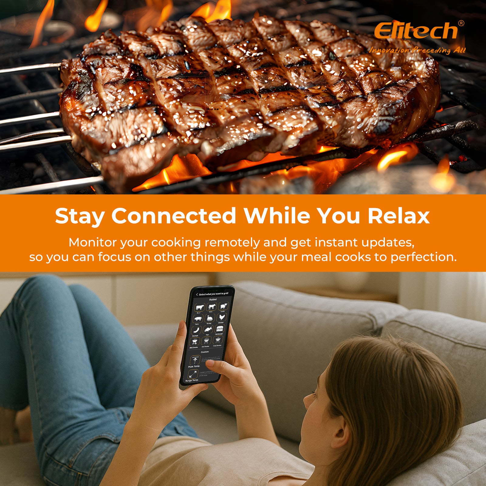 Elitech WMT-20 Wireless Smart Meat Thermometer, Dual-Probe Bluetooth Grill Thermometer with LCD Display and ToGrill App, for Oven, BBQ, Kitchen, and Outdoor Cooking