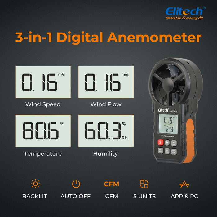 Elitech ANE-200W Anemómetro Bluetooth, medidor de velocidad del viento digital con temperatura y exportación de datos USB, medición del flujo de aire CFM/CMM, para pruebas de HVAC y ambiental