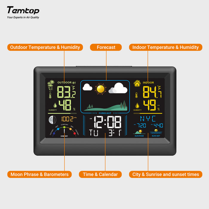 Temporal W100 Estación meteorológica multifuncional con temperatura interior y exterior, humedad, presión atmosférica, pronóstico del tiempo, fase lunar y alarma.