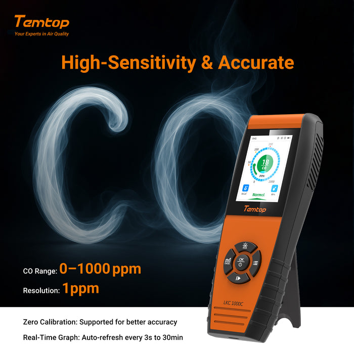 Detector CO portátil TEMTOP LKC-1000C con pantalla LCD TFT Color, exportación de datos USB, calibración y umbral de alarma ajustable