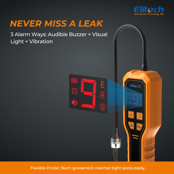 Detector de fugas de refrigerante con diodo calefactado Elitech ELD-270, analizador de freón para sistemas HVAC con pantalla digital. &  Alarma por vibración de alta sensibilidad (2 g/año) para R410A, R134a, R1234yf, R290, CFC, HCFC y HFC.