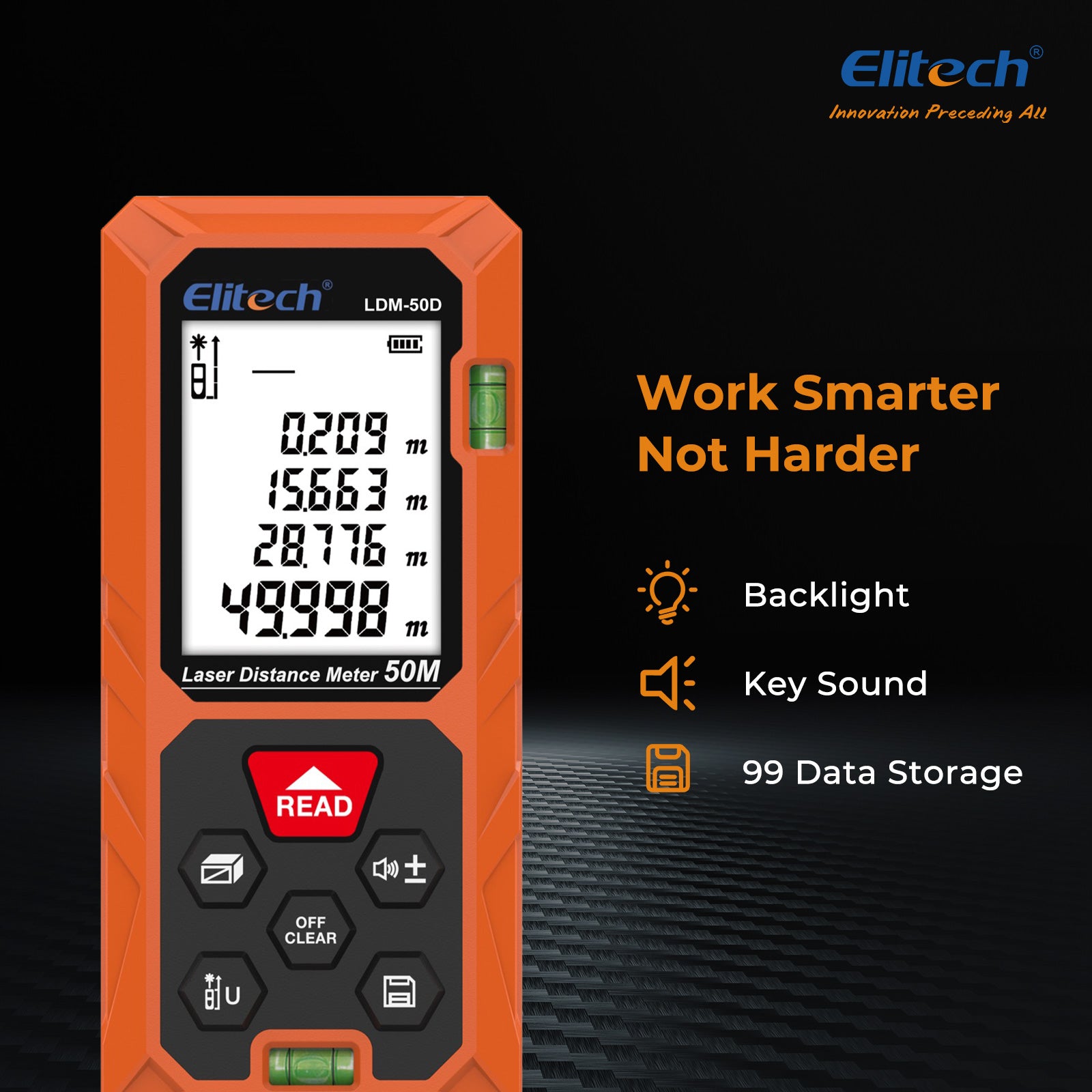 Elitech LDM-50D Laser Distance Meter 165ft, Digital Measure Tool with Area/Volume/Pythagoras Mode, Backlit LCD, 99 Data Records, ±2mm Accuracy, Ft/In/M Unit Switch, Ideal for Home DIY & Interior Design