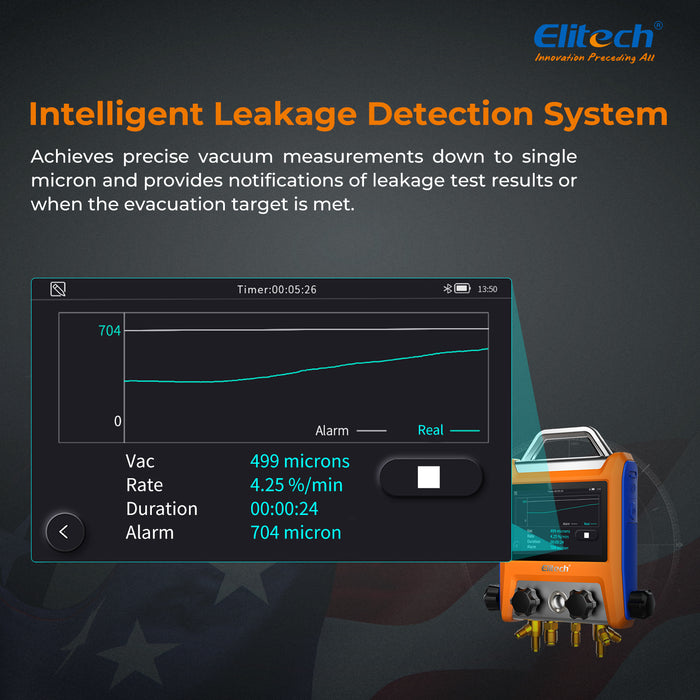 Elitech EMG-40VPRO Digital 4 Válvulas HVAC con mangueras de refrigerante, medidor de micrones de calibrador de vacío, abrazaderas de temperatura, actualización de OTA, control de aplicación inalámbrica