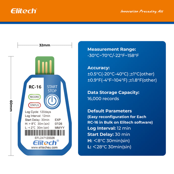 Elitech RC-16 Temperature Data Logger USB Disposable Temperature Recorder with 16000 Points, Auto PDF CSV Reports High Accuracy 120days Single Use for Frozen Transportation Cold Chain Fresh