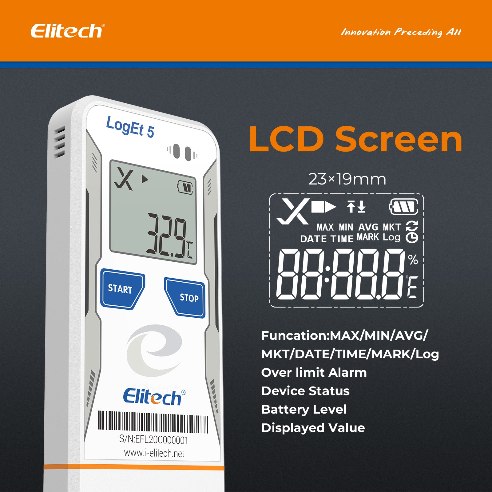 Elitech LogEt 5 THE Temperature and Humidity Data Logger Reusable Recorder with External Probe, Shadow Data, Auto PDF/ CSV Report, 32000 Points