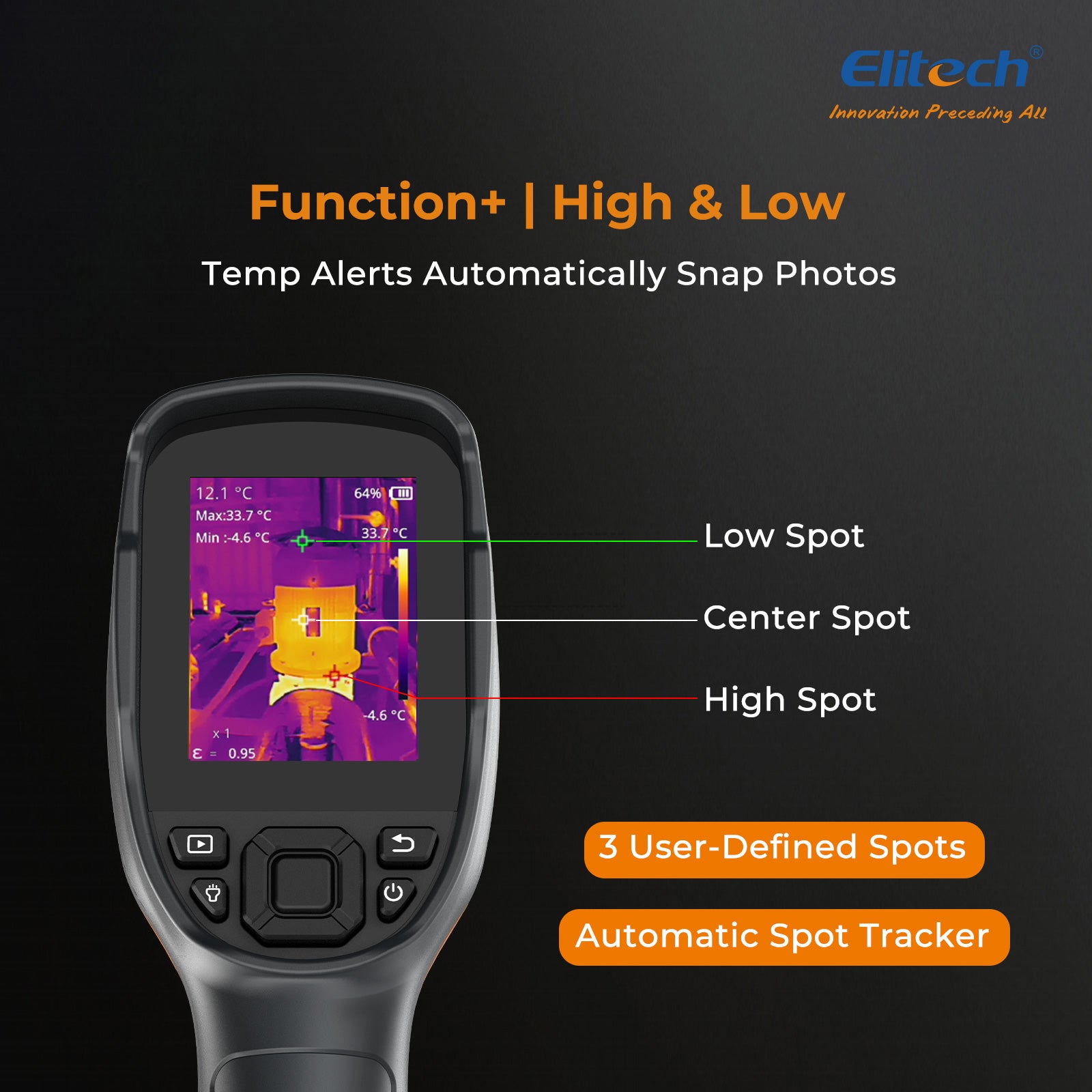 Elitech TIC-210 Handheld Thermal Imaging Camera – Infrared Thermal Imager with 256×192 IR Resolution, Real-Time Video Recording, Emissivity & Temp Alarm Settings, for HVAC, Electrical, Building Inspection