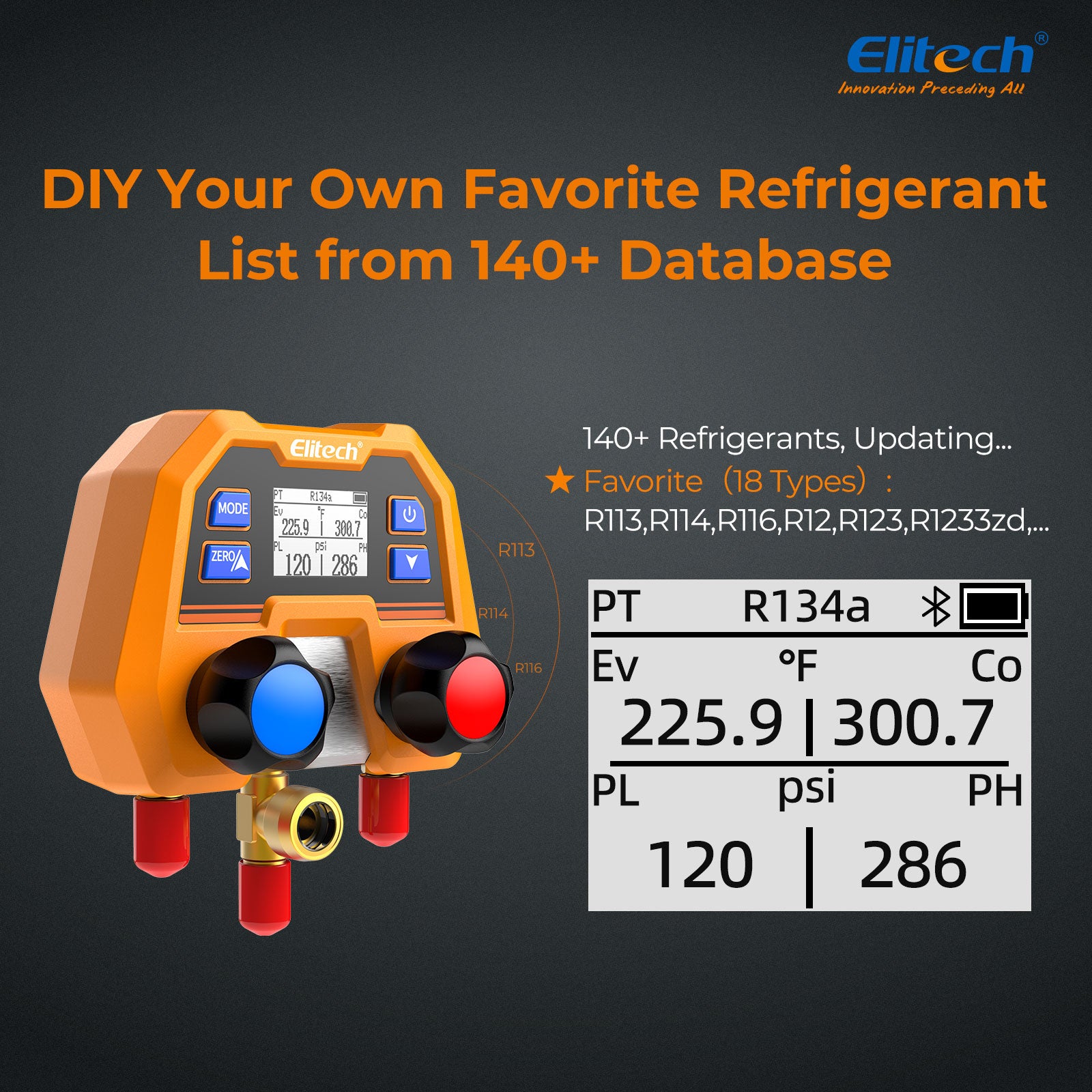 Elitech DMG-2SE-kit & LMC-100F+ Digital Manifold Gauge & Charging Recovery Scale 110Lbs/50Kg, Refrigerant Heat Pump, for HVAC