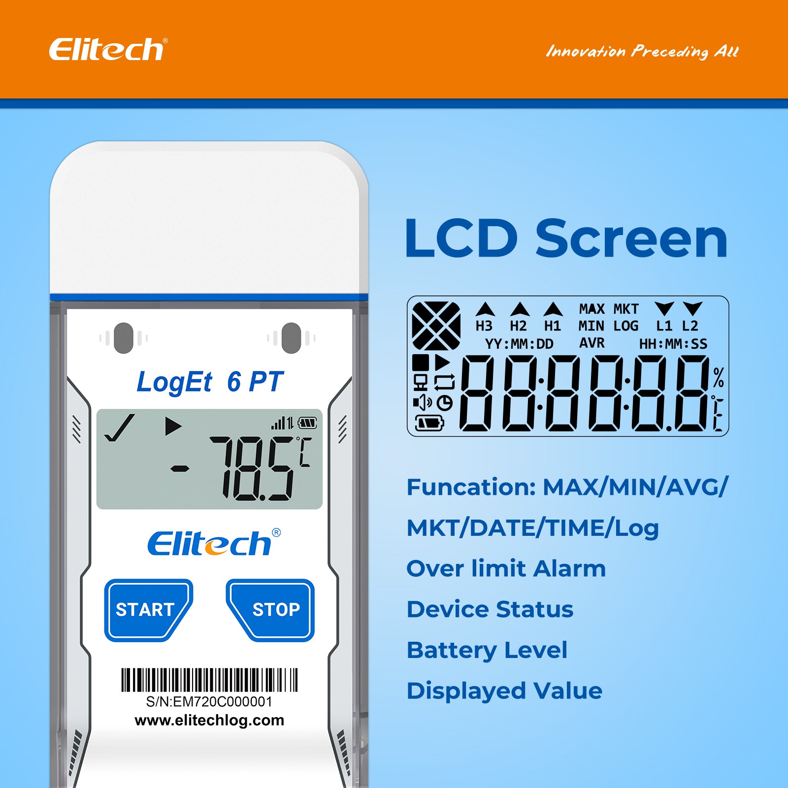 Elitech LogEt 6 PT Dry Ice Single-use USB Temperature Data Logger -85℃~50℃, 30 Days(Logging interval 5 min), 16000 Points, Shadow Data, PDF Report