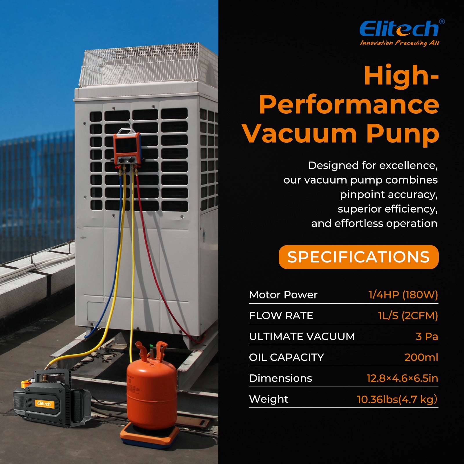 Elitech SVP-DC Smart Cordless Vacuum Pump A2L Compatible , 2-Stage HVAC Vacuum Pump, 1 L/s Pumping Rate, 2Pa Extreme Pressure, for HVAC/R