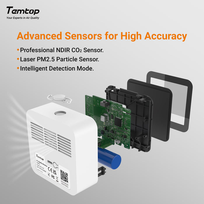 <tc>Moniteur de qualité de l'air Temtop M10+ WIFI, détecteur de CO2 rechargeable avec PM2.5, TVOC, AQI, température et humidité, appareil de mesure de la pollution intérieure 6 en 1 avec application, exportation des données et écran E-ink.</tc>