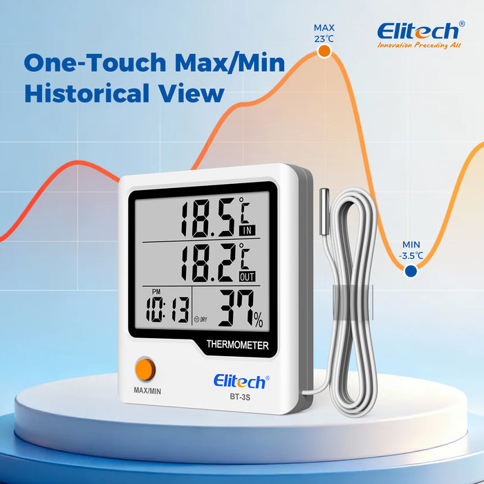 Elitech BT-3S Dual Channel Temperature Data Logger ±0.9℉ Accuracy, 4" Large LCD Display, Refrigerator Thermometer with External Probe for Liquid, Max/Min Recording, Wall Mount & Stand for Food Fridge Kitchen Lab