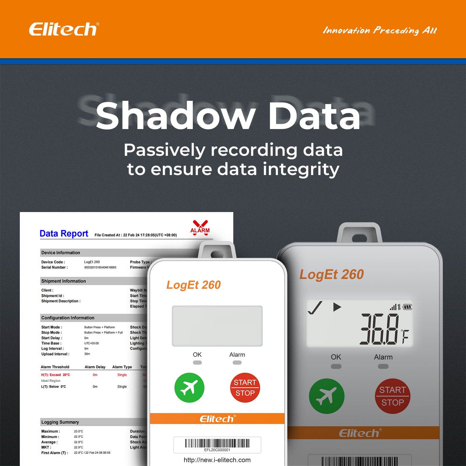 Elitech Loget 260-TH 4G Reusable Real-time Temperature & Humidity Data Logger Light/Shock/Location, Built-in SIM Card, 100000 Points