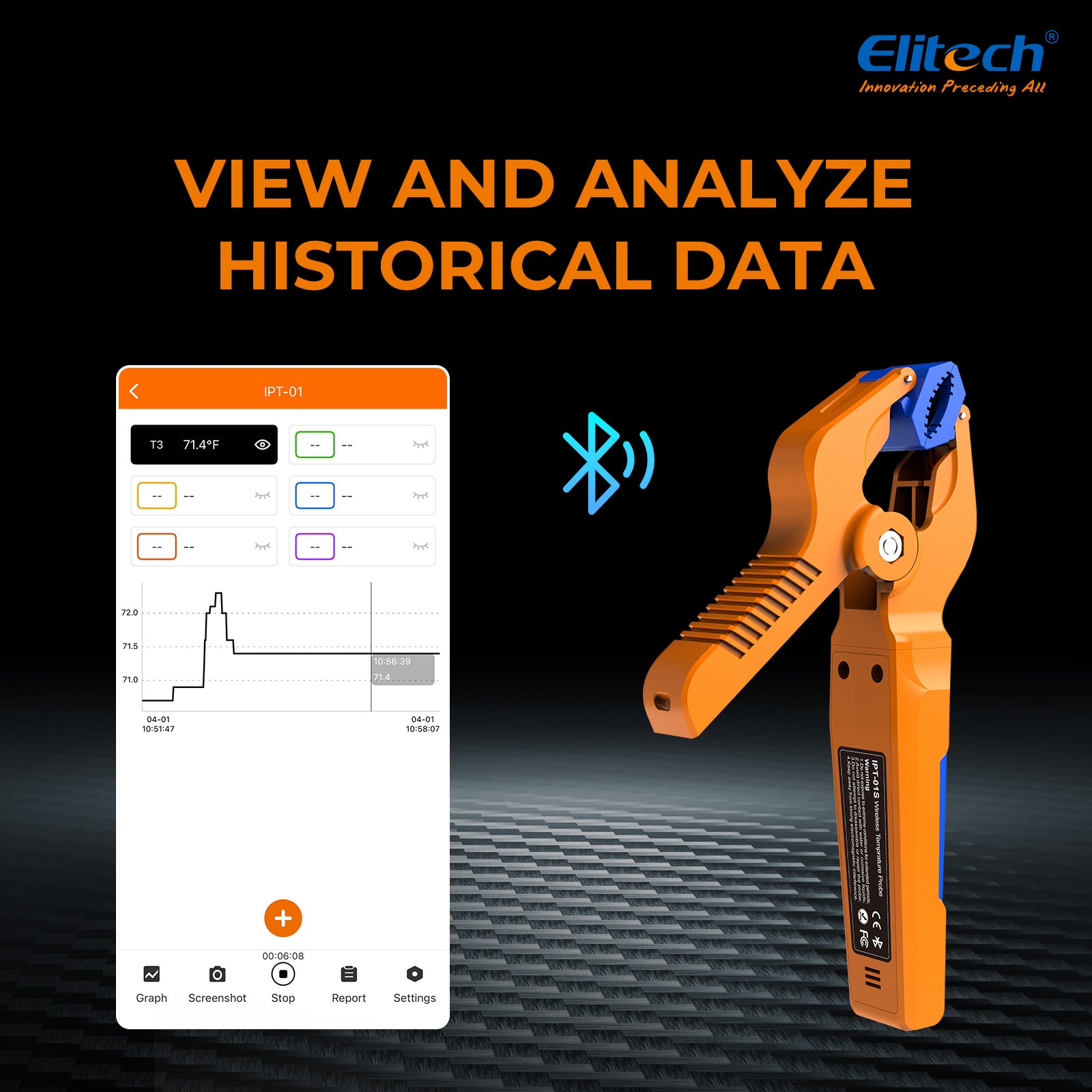 Elitech IPT-01 Wireless Temperature Clamp for HVAC Heating and Cooling Systems T-Type Thermometer, High Precision, Data Logging & Remote Monitoring HVAC Temperature Probe with Bluetooth and App Operation
