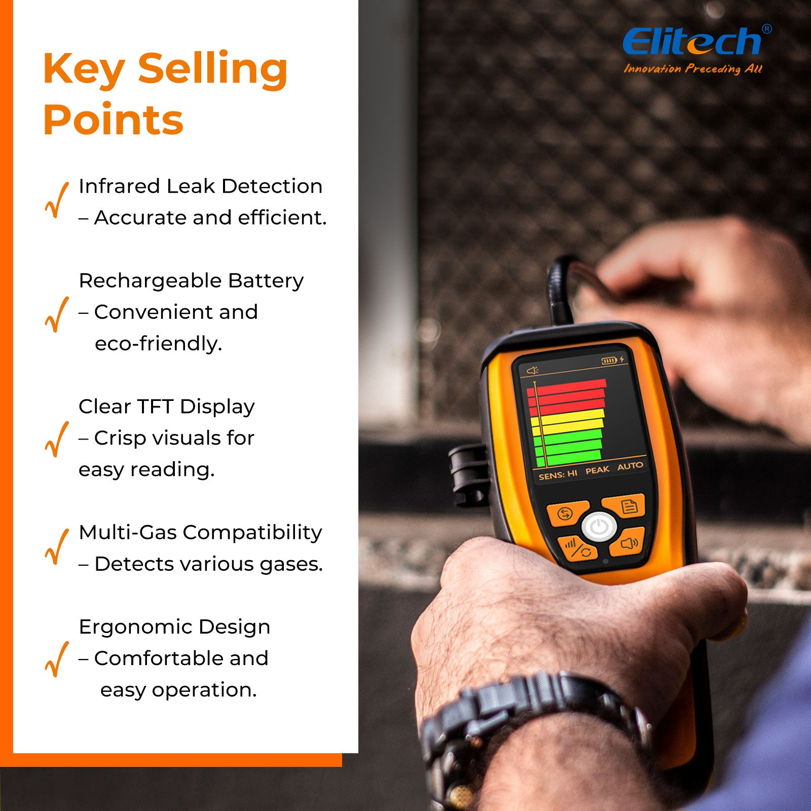 Elitech  ILD-200 MAX Infrared Refrigerant Leak Detector High-Precision HVAC/R Leak Detection, 10-Year Sensor Lifetime, 1g/a Ultra-Low Detection, 4 Sensitivity Levels, Rechargeable Battery, TFT Display & Sound Alarm