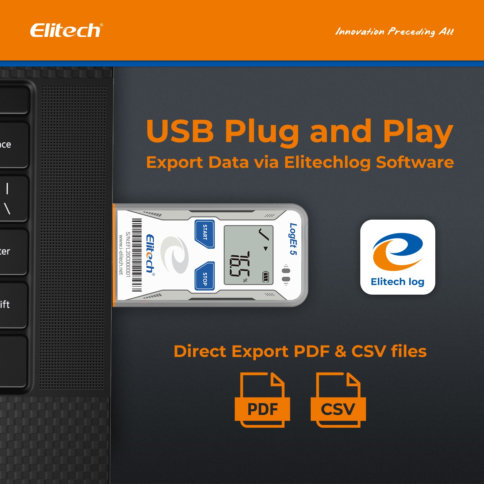 Elitech LogEt 5 THE Temperature and Humidity Data Logger Reusable Recorder with External Probe, Shadow Data, Auto PDF/ CSV Report, 32000 Points