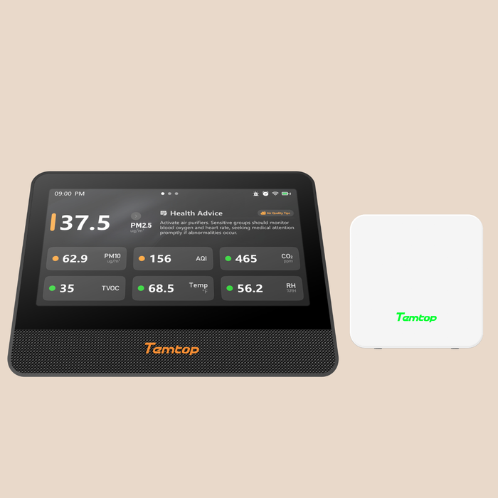 Monitor de calidad del aire WiFi Tempop M100 (2.ª generación) 7" Pantalla táctil para interiores: CO2, PM2.5, PM10, COVT, temperatura & Detector de humedad, analizador de aire inteligente para varias habitaciones con expansión LoRa