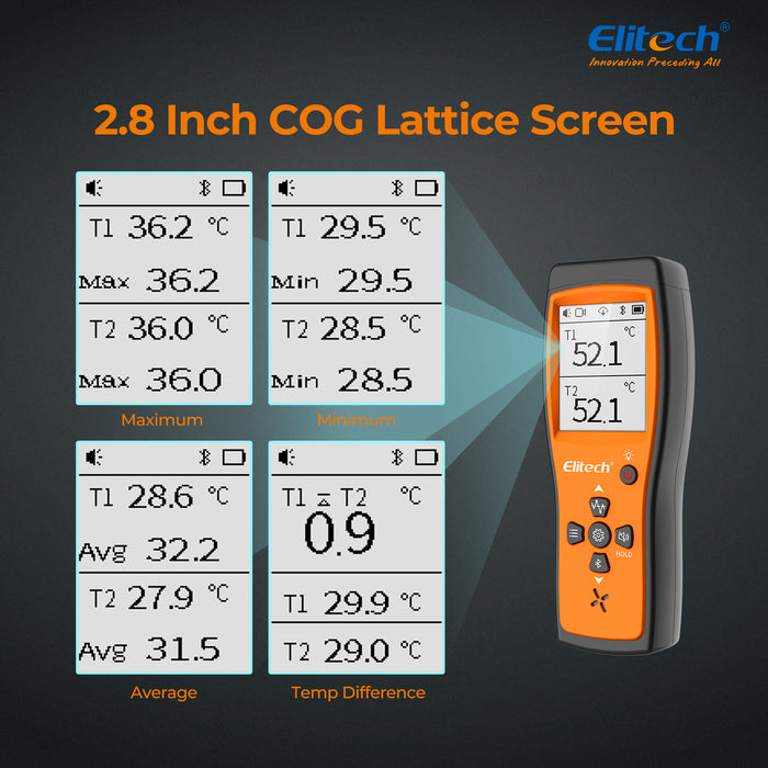 Elitech ICT-220 Thermomètre à double thermocouple – Capteur de température de type K de haute précision avec application, réponse rapide, adapté aux industries de la réfrigération, de l'entretien automobile et des pompes à chaleur