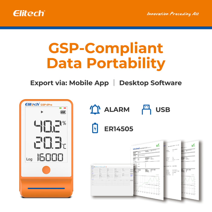 Elitech GSP-6Pro TE&THE Bluetooth Temperature and Humidity Data Logger Recorder with Calibration Certificate, 100000 Points, Shadow Data