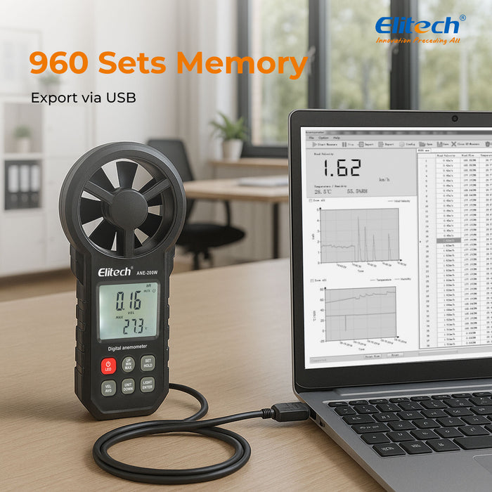 Elitech ANE-200W Anemómetro Bluetooth, medidor de velocidad del viento digital con temperatura y exportación de datos USB, medición del flujo de aire CFM/CMM, para pruebas de HVAC y ambiental